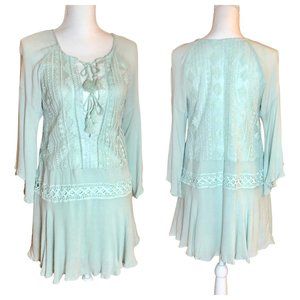 Indikah Size Small Pale Mint Green Boho Angel Sleeve Mini Dress